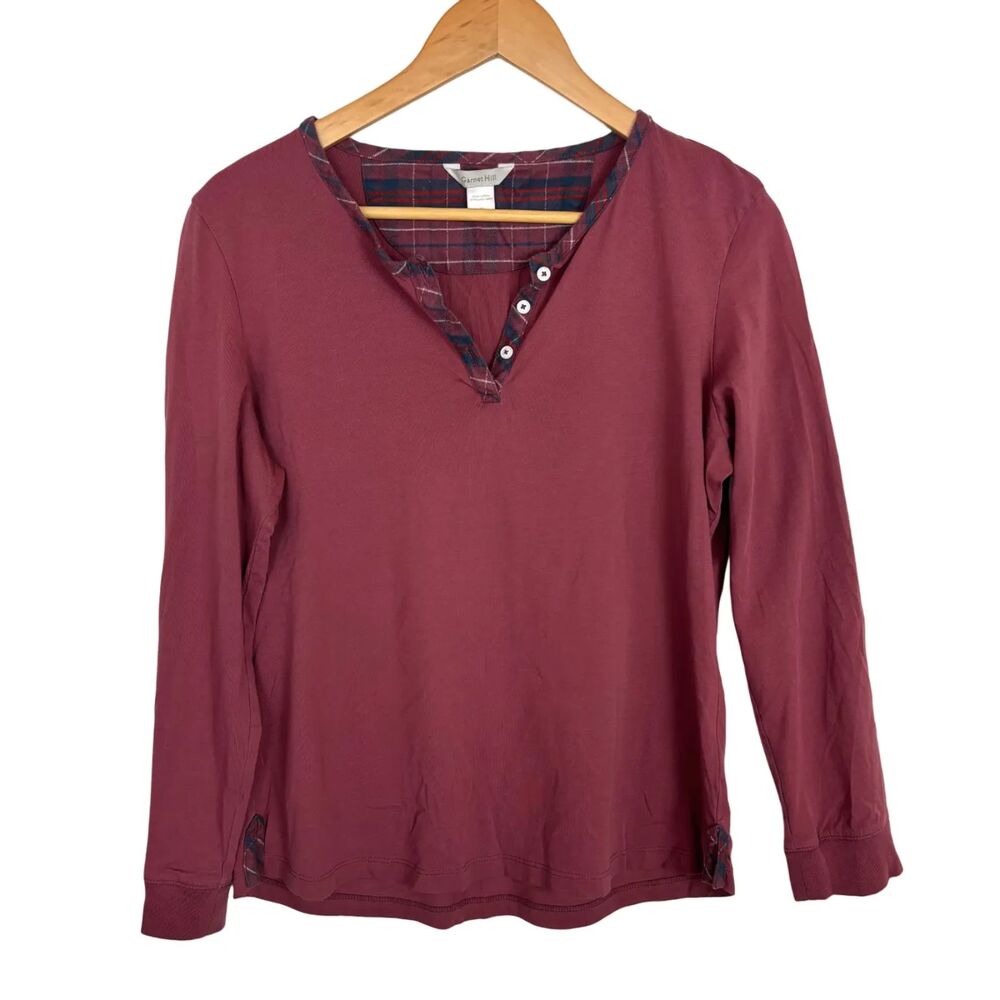Garnet Hill Red Top Plaid Trim Henley Shirt Women’s Medium